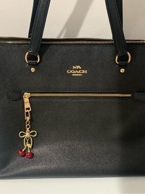 Coach Black Leather Tote with Gold Accents and Cherry Charm